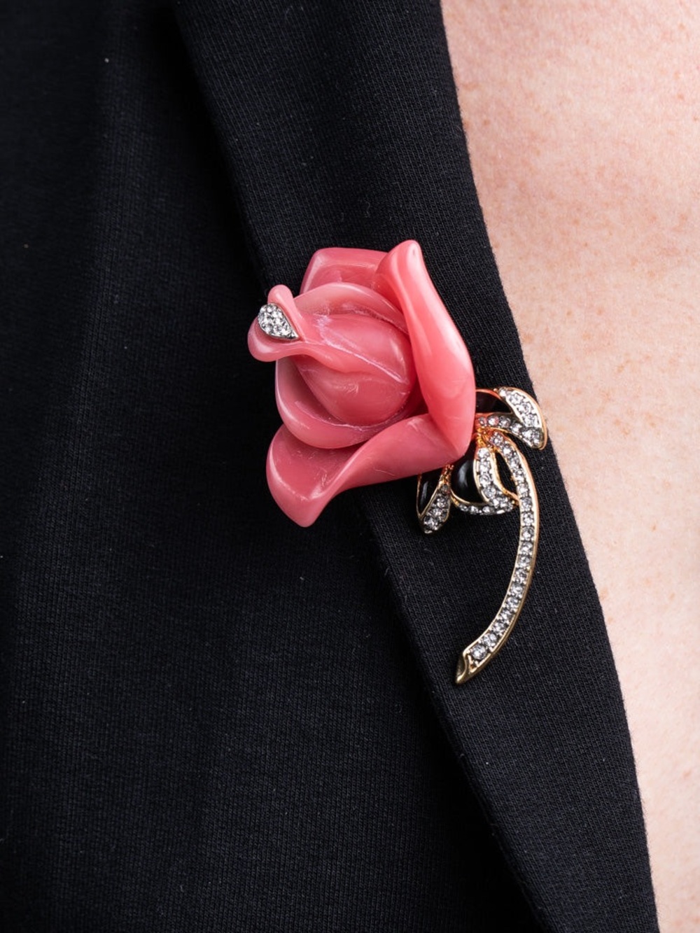 Kenneth Jay Lane Pink Lucite Rose Brooch with Crystal-Stem Accents